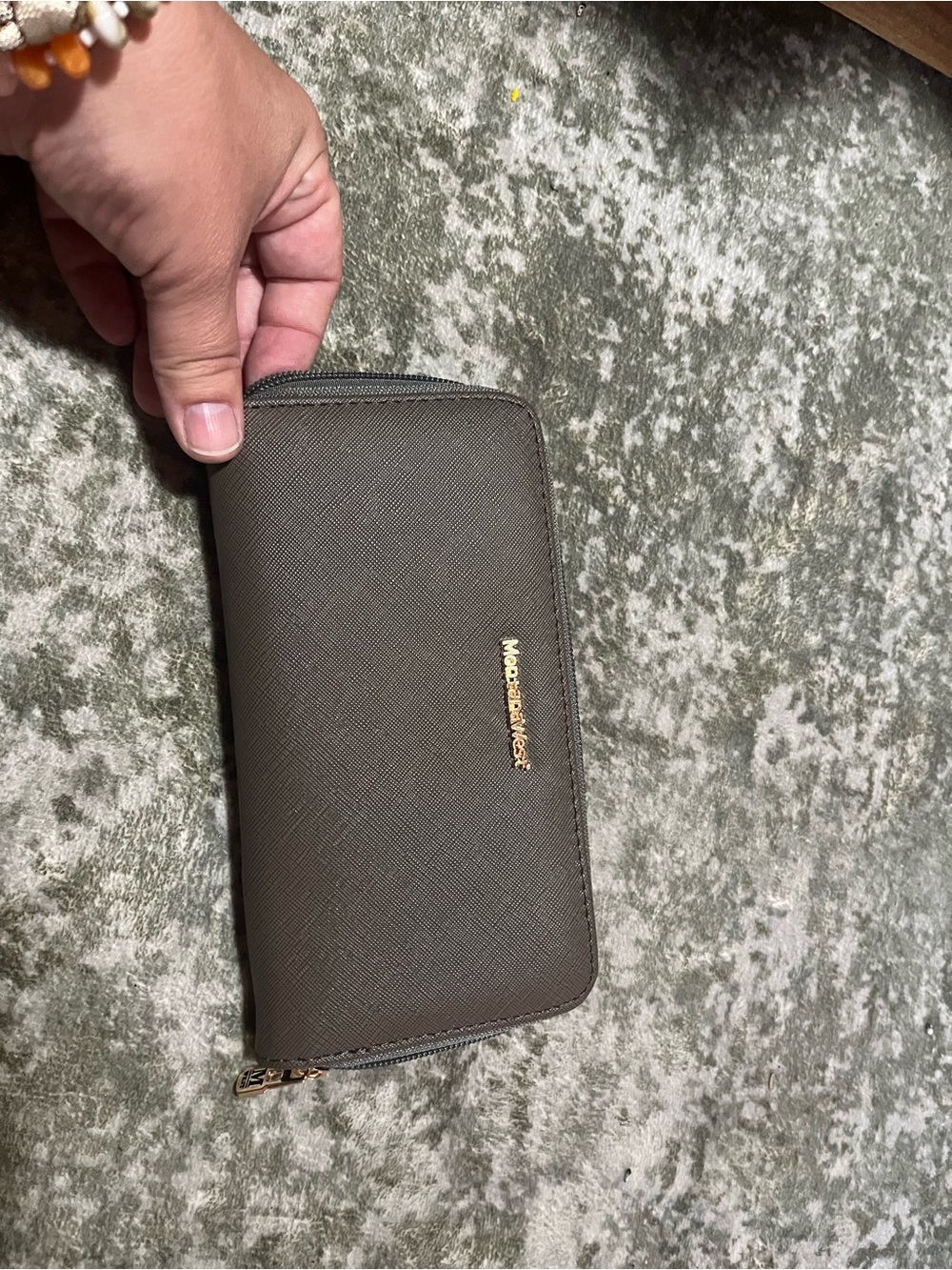 Montana West Olive Brown Saffiano Zip Card Holder with Gold Logo